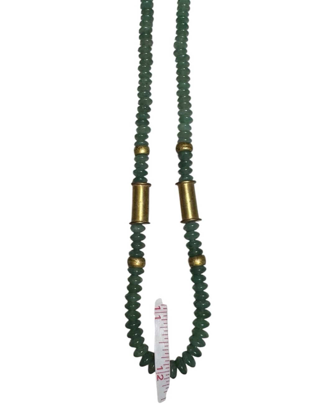 Vintage Jade-Tone Green Stone Beaded Necklace – Long Strand with Brass Spacers - Picture 11 of 13